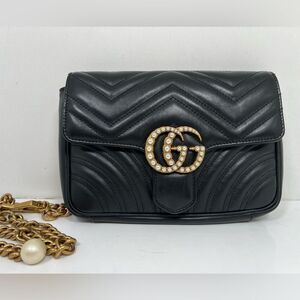 Gucci Off White Matelassé Leather GG Black Marmont Chain Belt Bag